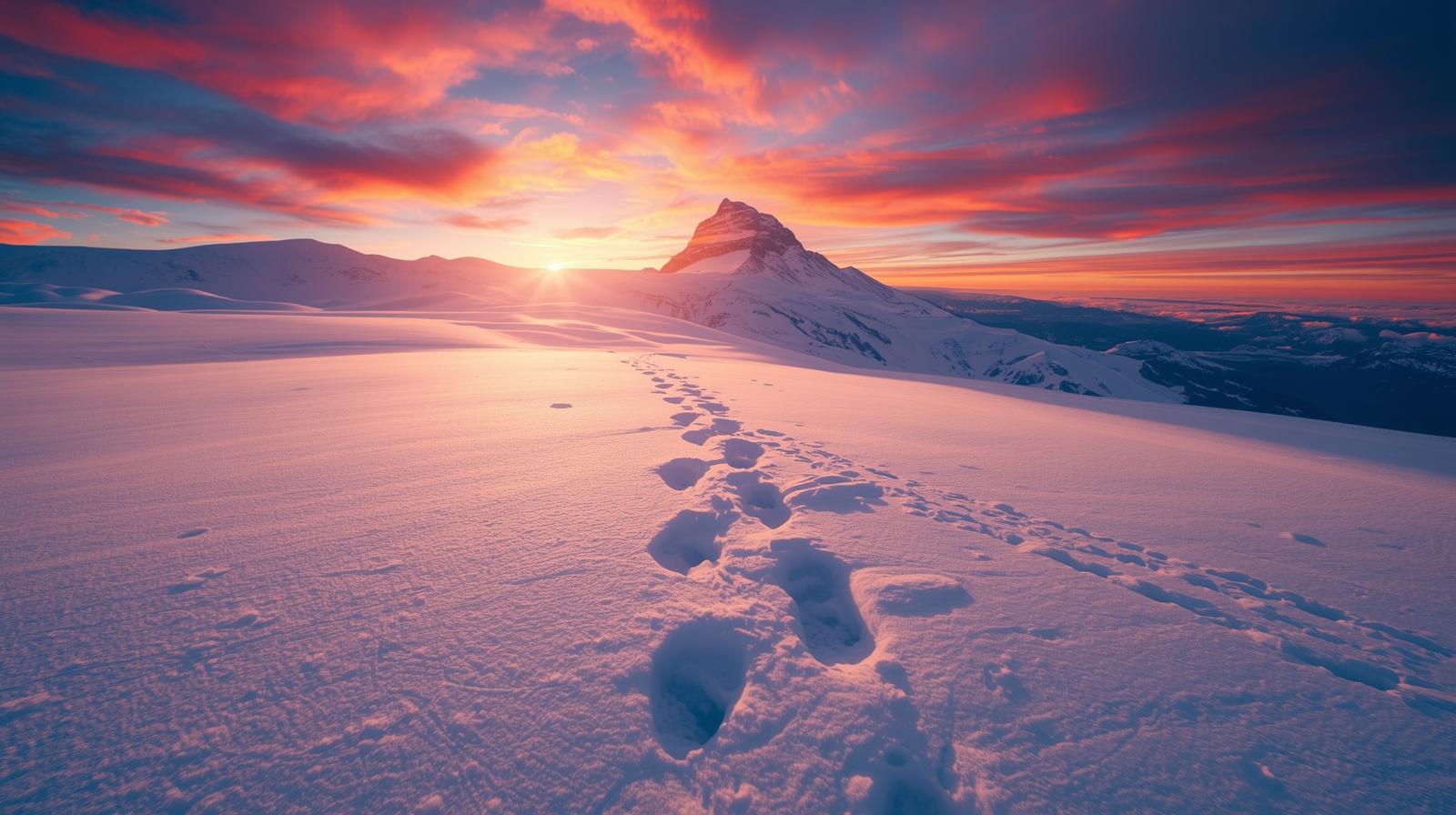Traces de pas dans la neige au soleil levant, vers le sommet d’une montagne. Aucun personnage.